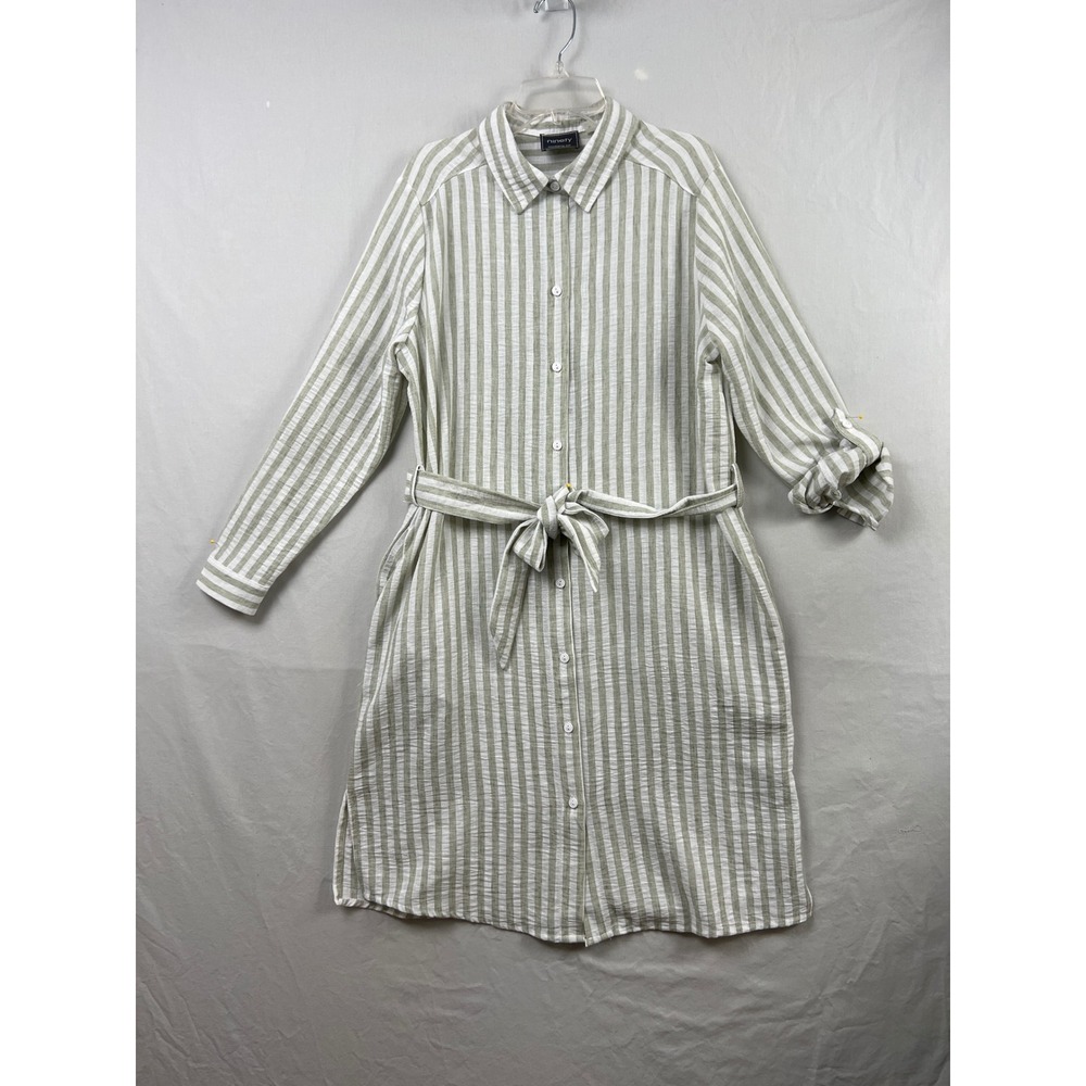 Ninety Clothing Co Shirt Dress Womens Medium Green White Striped Belted Midi